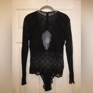 Olivaceous Size M Sheer, Lace, Open-back Black Bodysuit